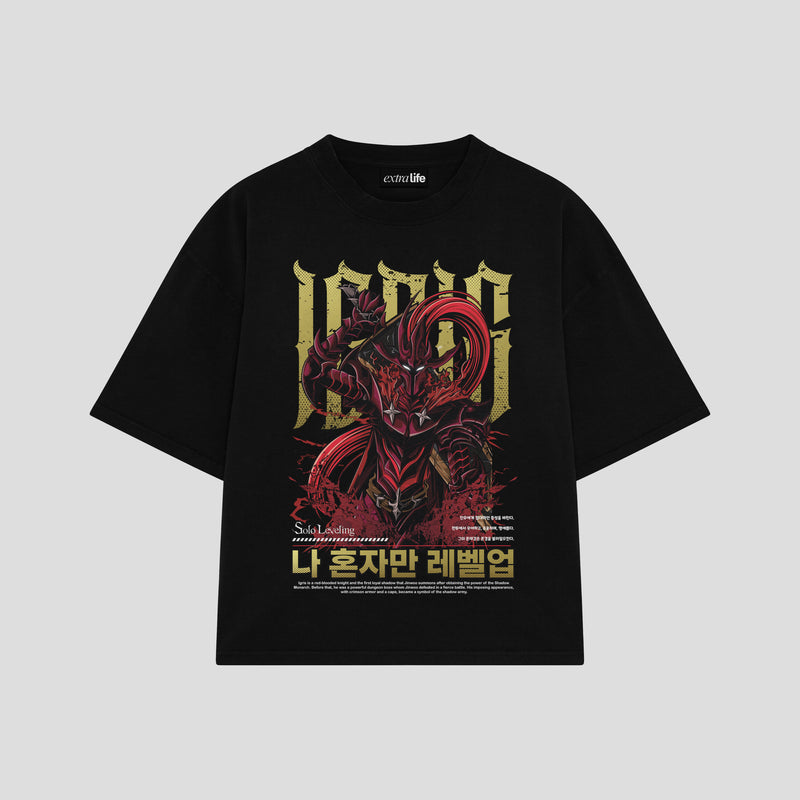 Playera streetwear premium de anime y gaming ExtraLife MX, corte boxy oversized drop shoulder heavyweight en color Deep Black y Off-White, moda urbana mexicana de culto.