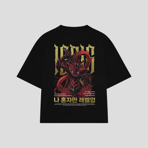 Playera streetwear premium de anime y gaming ExtraLife MX, corte boxy oversized drop shoulder heavyweight en color Deep Black y Off-White, moda urbana mexicana de culto.