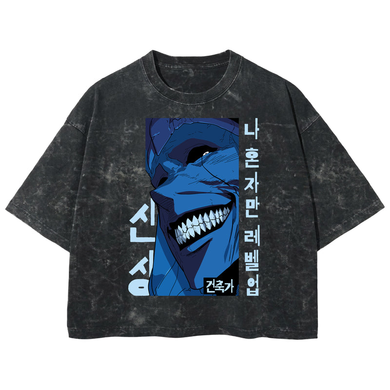 Playera streetwear premium de anime y gaming ExtraLife MX, corte boxy deluxe mineral wash heavyweight en color Acid Wash, moda urbana mexicana de culto.