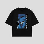 Playera streetwear premium de anime y gaming ExtraLife MX, corte boxy oversized drop shoulder heavyweight en color Deep Black y Off-White, moda urbana mexicana de culto.