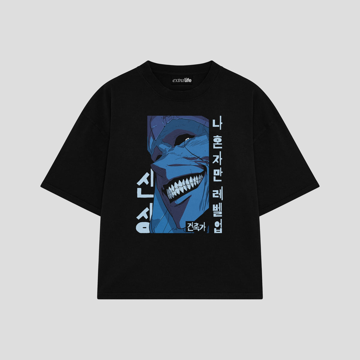 Playera streetwear premium de anime y gaming ExtraLife MX, corte oversized drop shoulder ligero y fresco en color Deep Black y Off-White, moda urbana mexicana de culto.