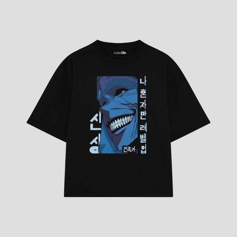 Playera streetwear premium de anime y gaming ExtraLife MX, corte boxy oversized drop shoulder heavyweight en color Deep Black y Off-White, moda urbana mexicana de culto.