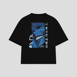 Playera streetwear premium de anime y gaming ExtraLife MX, corte boxy oversized drop shoulder heavyweight en color Deep Black y Off-White, moda urbana mexicana de culto.