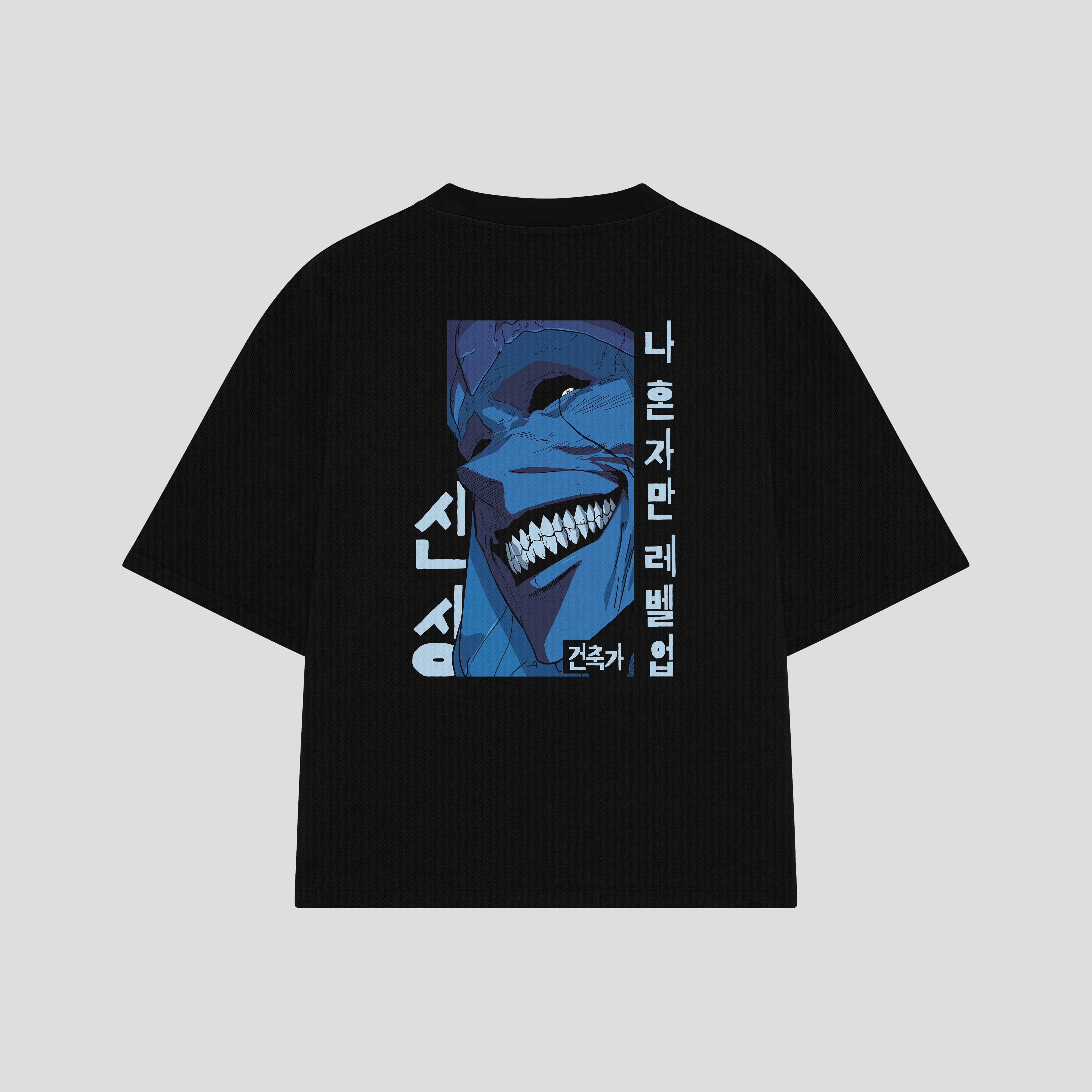 Playera streetwear premium de anime y gaming ExtraLife MX, corte boxy oversized drop shoulder heavyweight en color Deep Black y Off-White, moda urbana mexicana de culto.