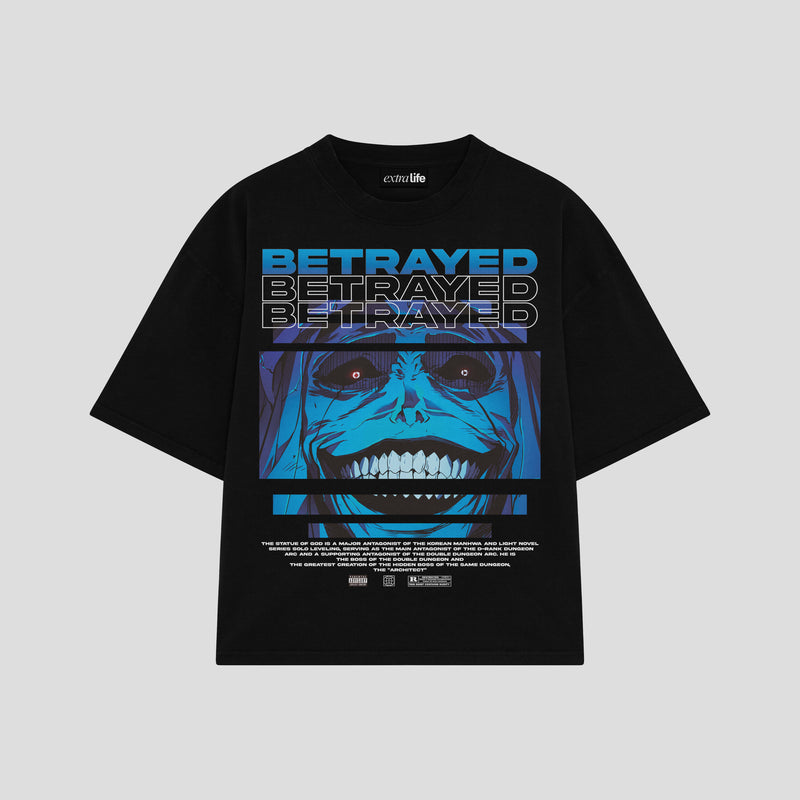 Playera streetwear premium de anime y gaming ExtraLife MX, corte boxy oversized drop shoulder heavyweight en color Deep Black y Off-White, moda urbana mexicana de culto.