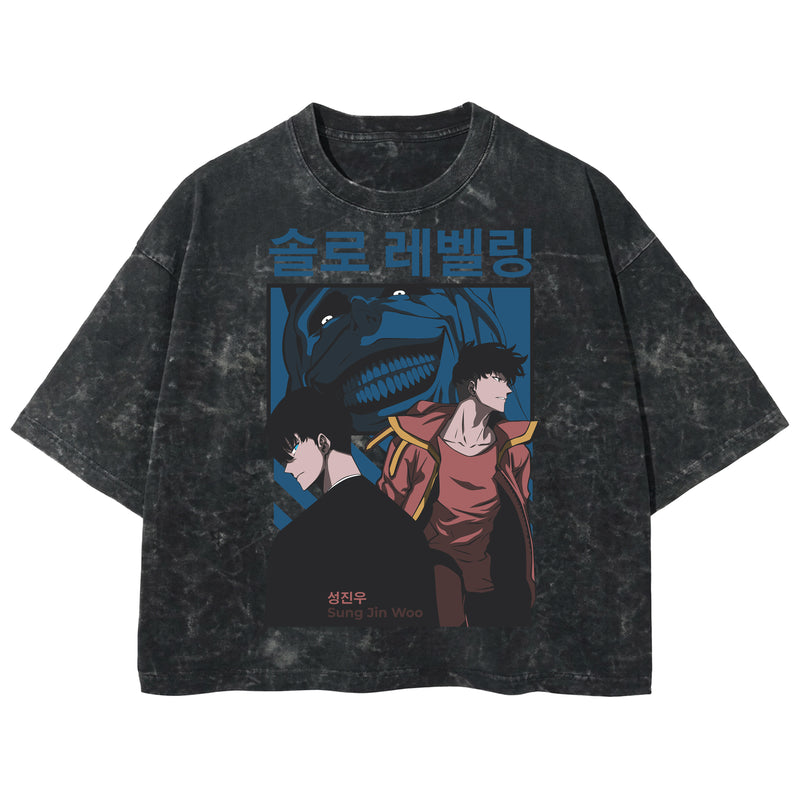 Playera streetwear premium de anime y gaming ExtraLife MX, corte boxy deluxe mineral wash heavyweight en color Acid Wash, moda urbana mexicana de culto.
