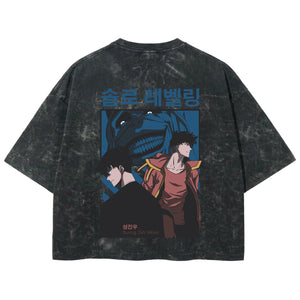Playera streetwear premium de anime y gaming ExtraLife MX, corte boxy deluxe mineral wash heavyweight en color Acid Wash, moda urbana mexicana de culto.