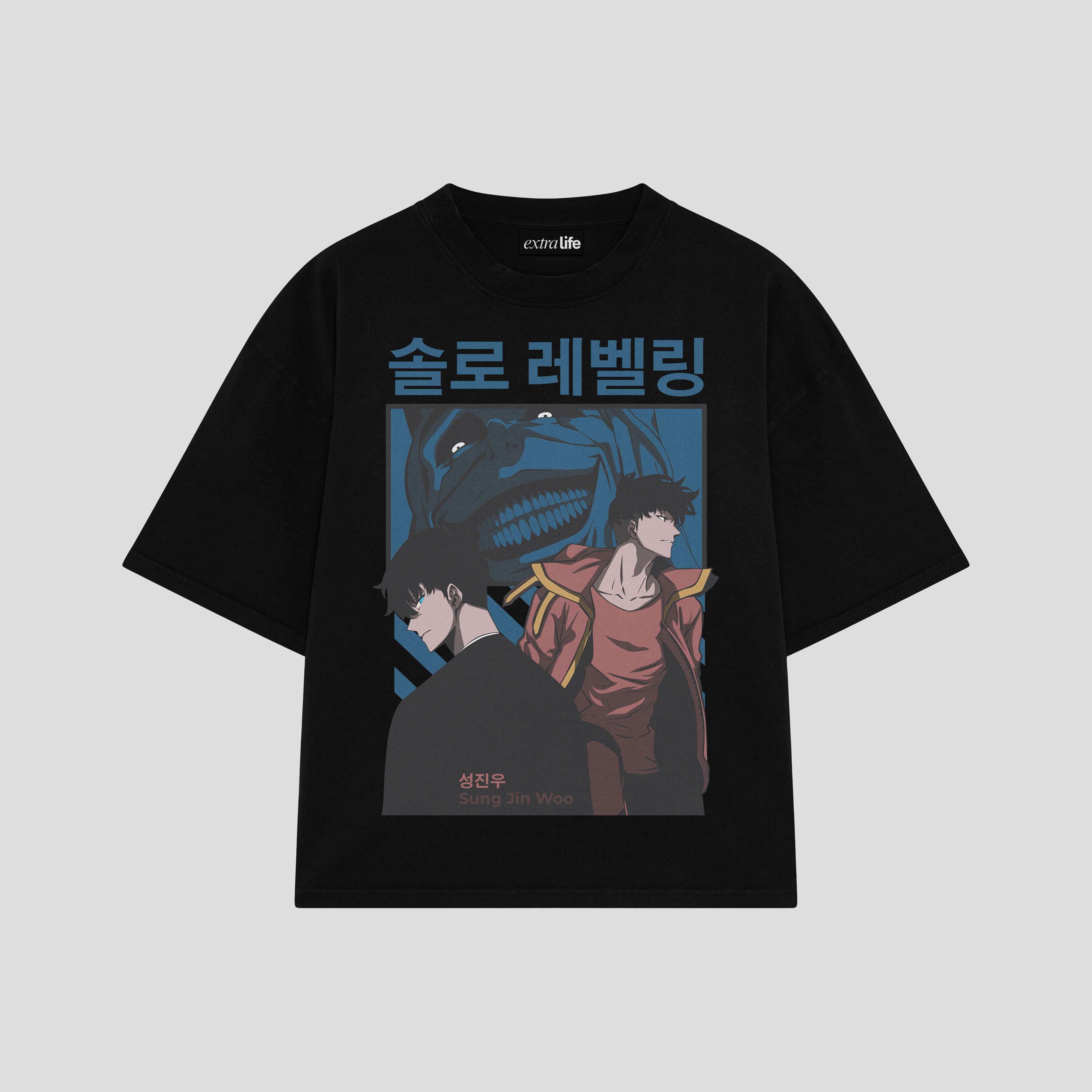 Playera streetwear premium de anime y gaming ExtraLife MX, corte boxy oversized drop shoulder heavyweight en color Deep Black y Off-White, moda urbana mexicana de culto.