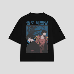 Playera streetwear premium de anime y gaming ExtraLife MX, corte boxy oversized drop shoulder heavyweight en color Deep Black y Off-White, moda urbana mexicana de culto.