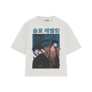 Playera streetwear premium de anime y gaming ExtraLife MX, corte boxy oversized drop shoulder heavyweight en color Deep Black y Off-White, moda urbana mexicana de culto.