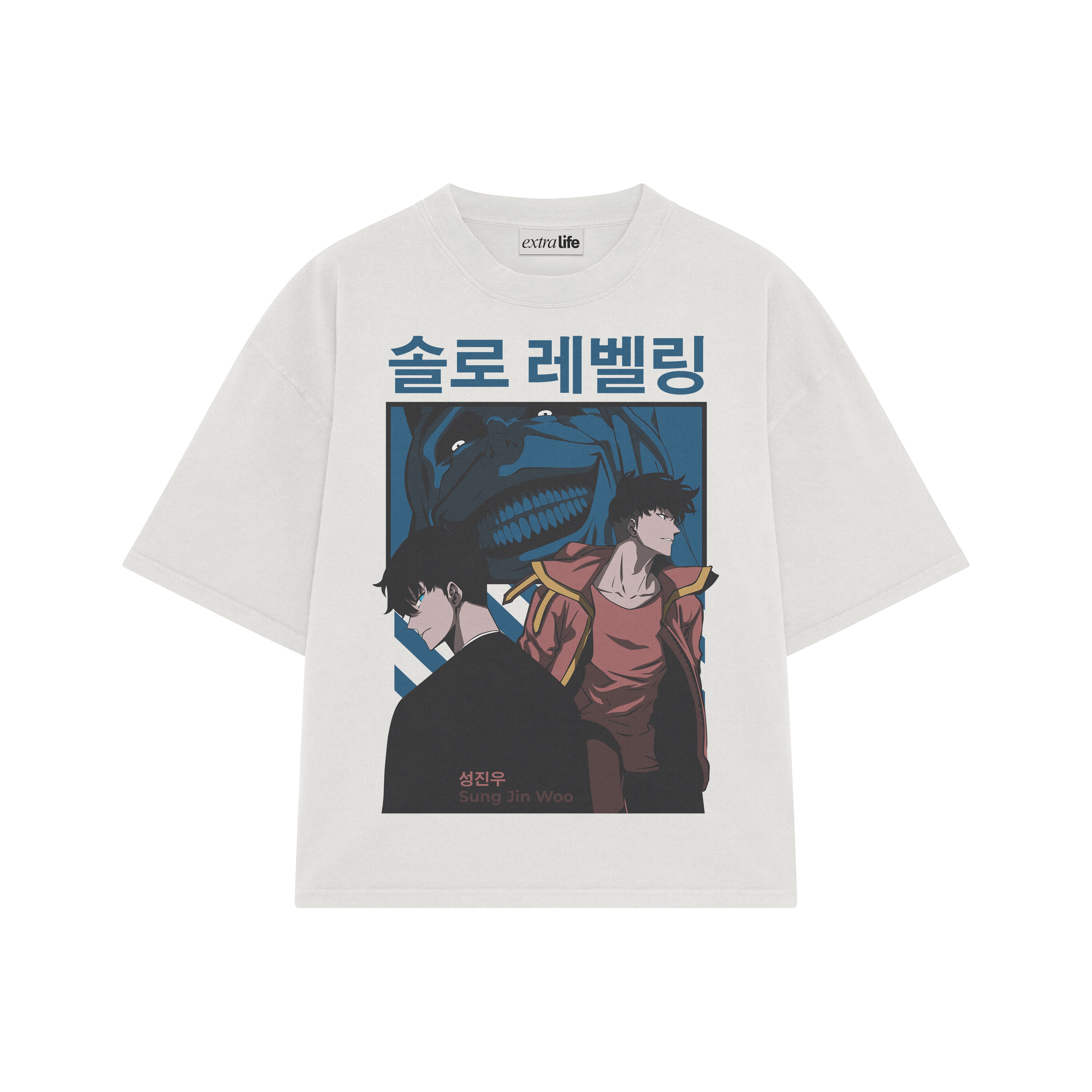 Playera streetwear premium de anime y gaming ExtraLife MX, corte boxy oversized drop shoulder heavyweight en color Deep Black y Off-White, moda urbana mexicana de culto.