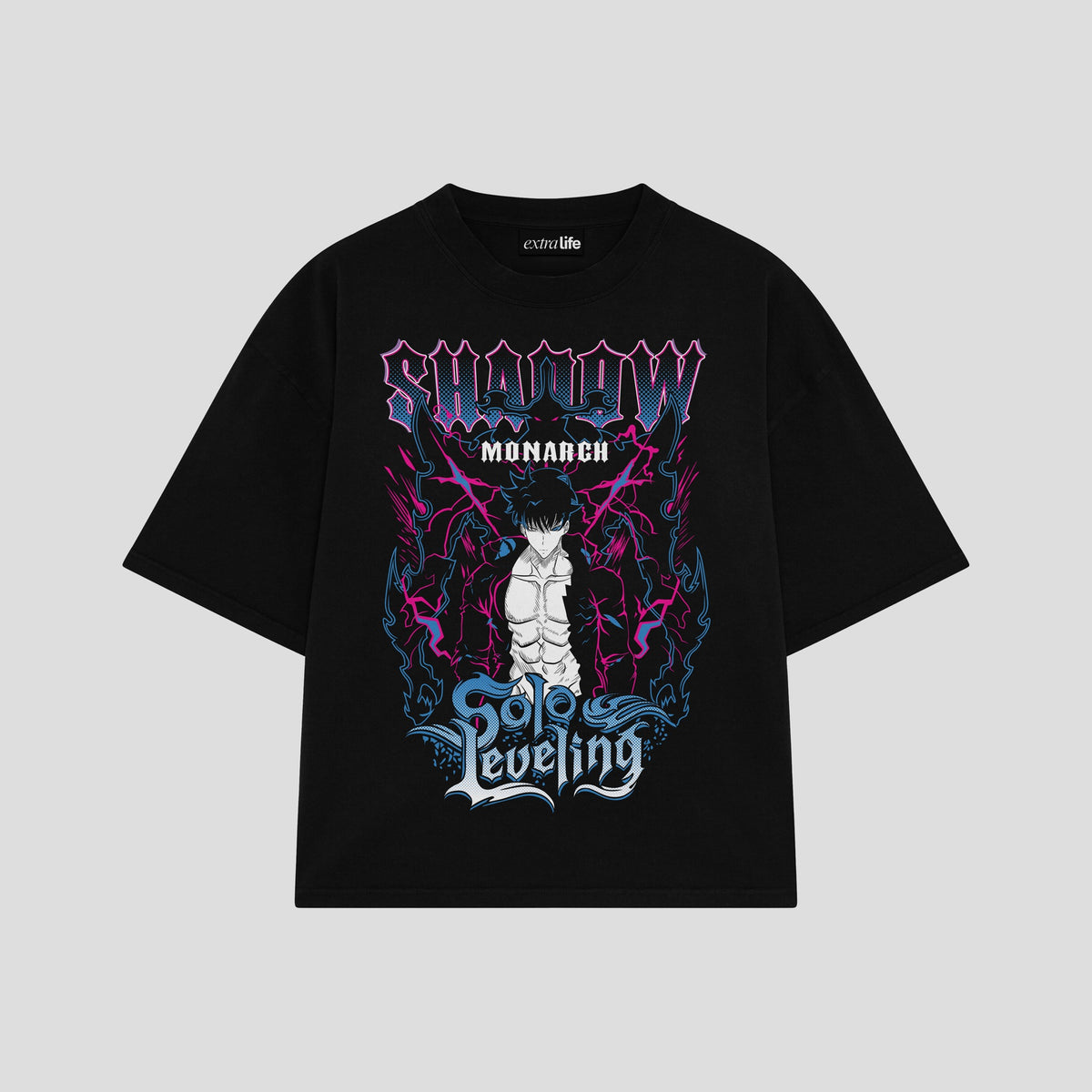 Playera streetwear premium de anime y gaming ExtraLife MX, corte oversized drop shoulder ligero y fresco en color Deep Black y Off-White, moda urbana mexicana de culto.