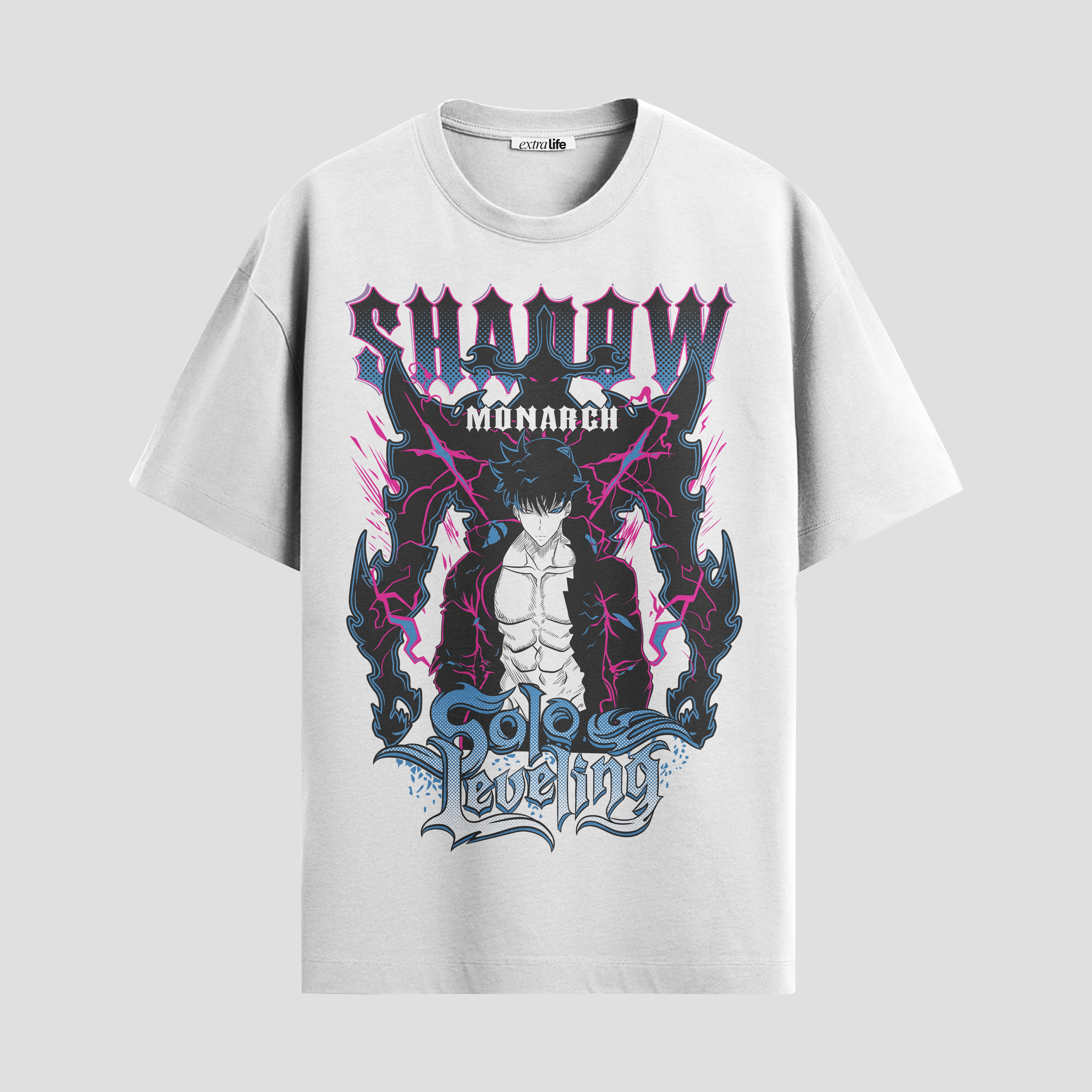 Playera urbana de anime y gaming ExtraLife MX, corte Standard Fit unisex ligero y transpirable en color Deep Black y Pure White, ropa de uso diario para gym y casual.