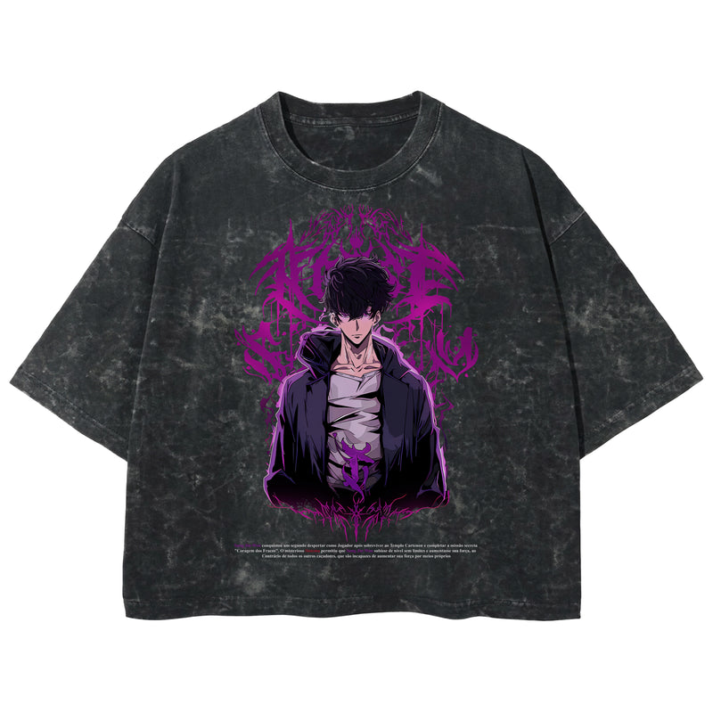 Playera streetwear premium de anime y gaming ExtraLife MX, corte boxy deluxe mineral wash heavyweight en color Acid Wash, moda urbana mexicana de culto.