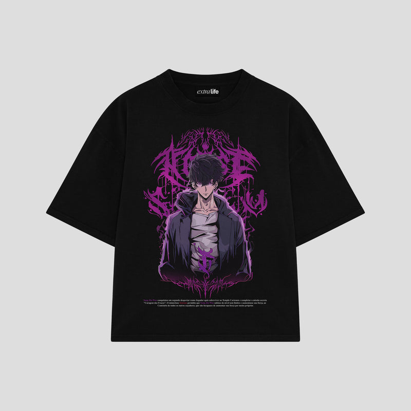 Playera streetwear premium de anime y gaming ExtraLife MX, corte boxy oversized drop shoulder heavyweight en color Deep Black y Off-White, moda urbana mexicana de culto.