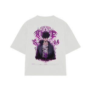 Playera streetwear premium de anime y gaming ExtraLife MX, corte boxy oversized drop shoulder heavyweight en color Deep Black y Off-White, moda urbana mexicana de culto.