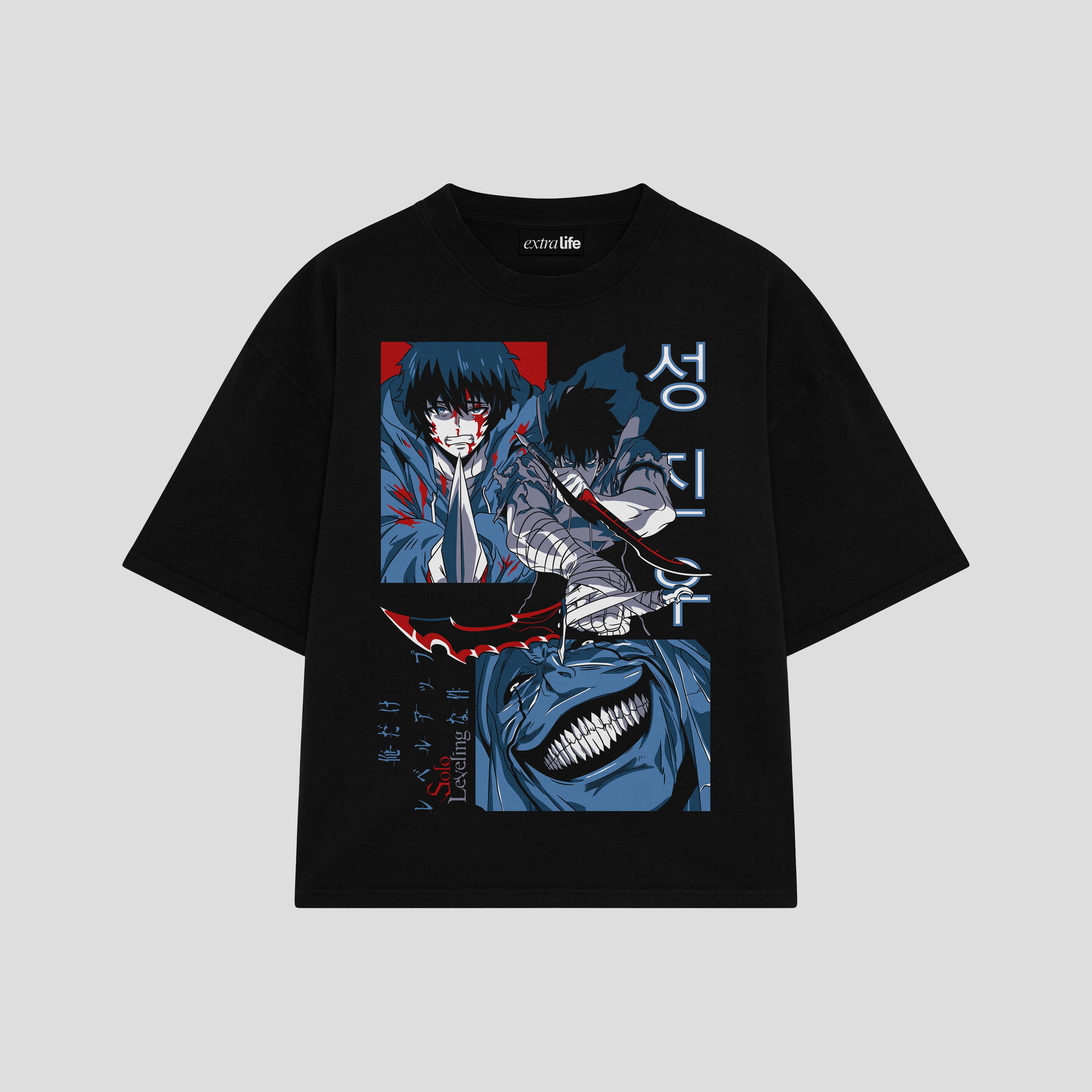 Playera streetwear premium de anime y gaming ExtraLife MX, corte boxy oversized drop shoulder heavyweight en color Deep Black y Off-White, moda urbana mexicana de culto.