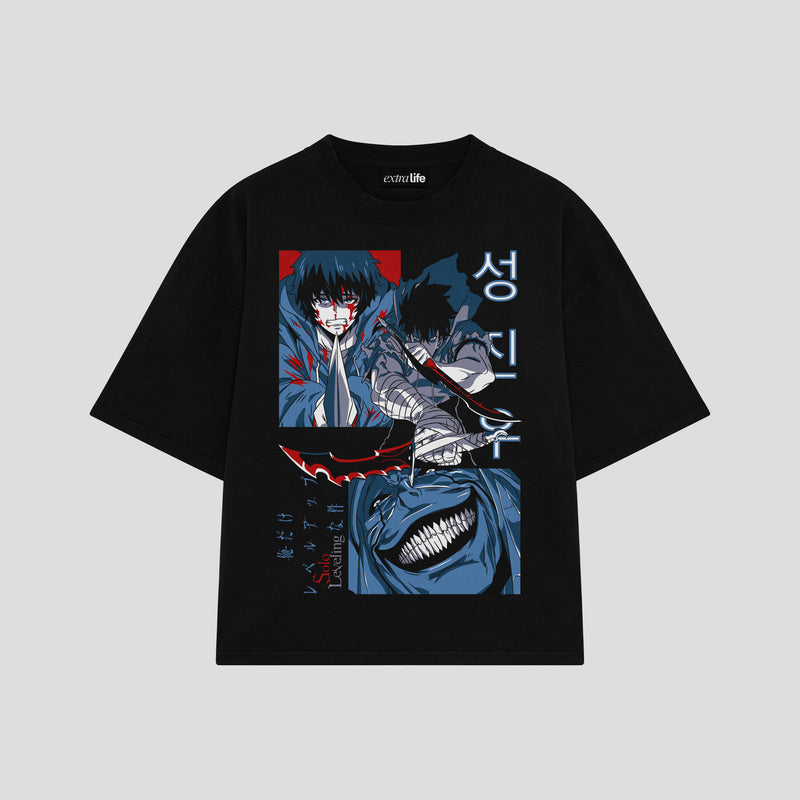 Playera streetwear premium de anime y gaming ExtraLife MX, corte boxy oversized drop shoulder heavyweight en color Deep Black y Off-White, moda urbana mexicana de culto.