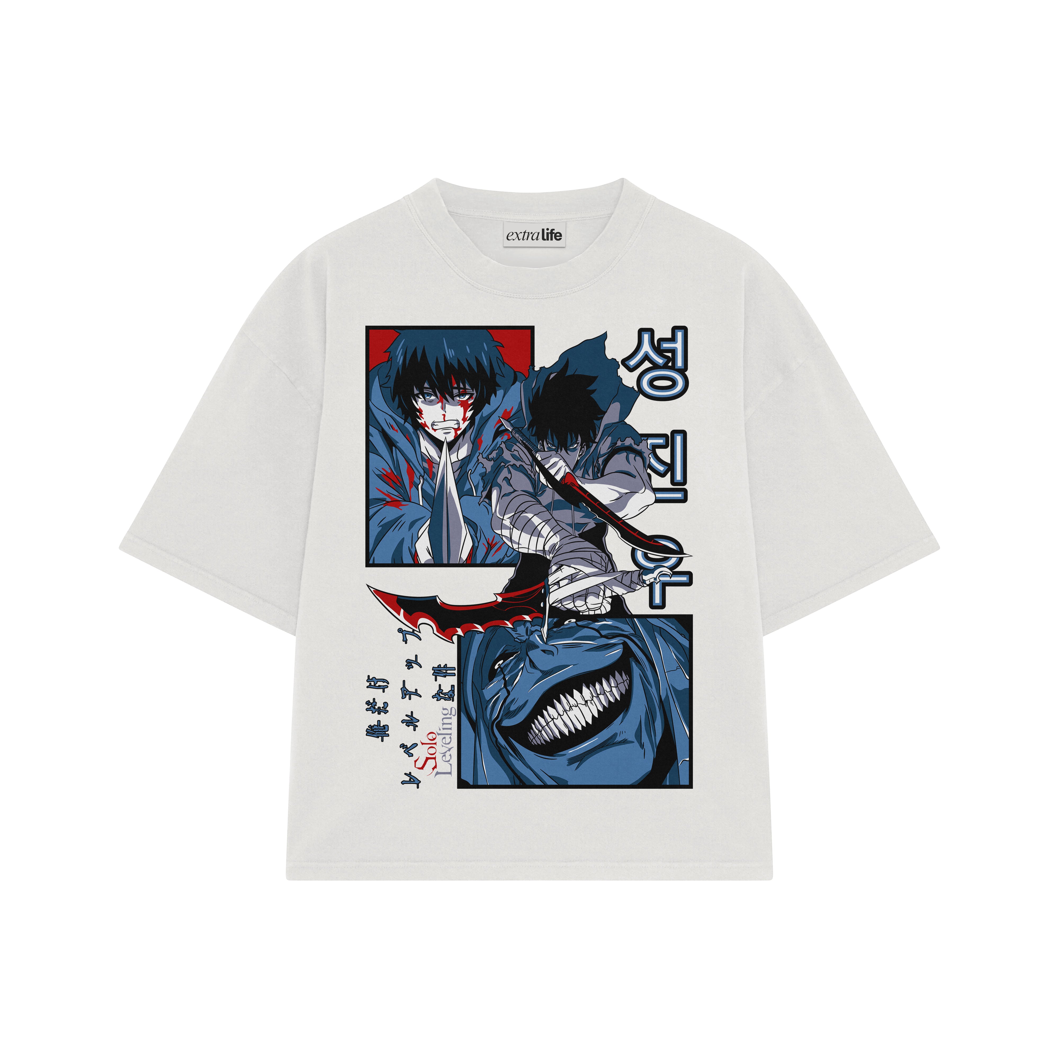 Playera streetwear premium de anime y gaming ExtraLife MX, corte boxy oversized drop shoulder heavyweight en color Deep Black y Off-White, moda urbana mexicana de culto.