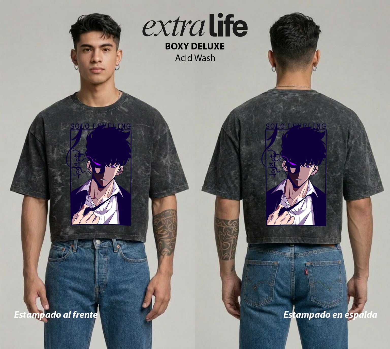 Playera streetwear premium de anime y gaming ExtraLife MX, corte boxy deluxe mineral wash heavyweight en color Acid Wash, moda urbana mexicana de culto.