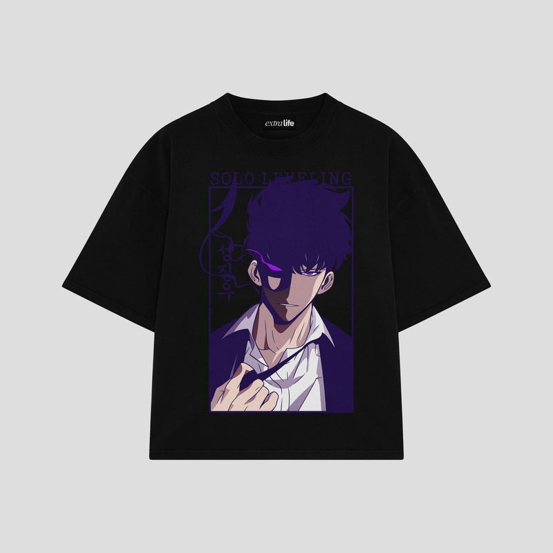 Playera streetwear premium de anime y gaming ExtraLife MX, corte boxy oversized drop shoulder heavyweight en color Deep Black y Off-White, moda urbana mexicana de culto.