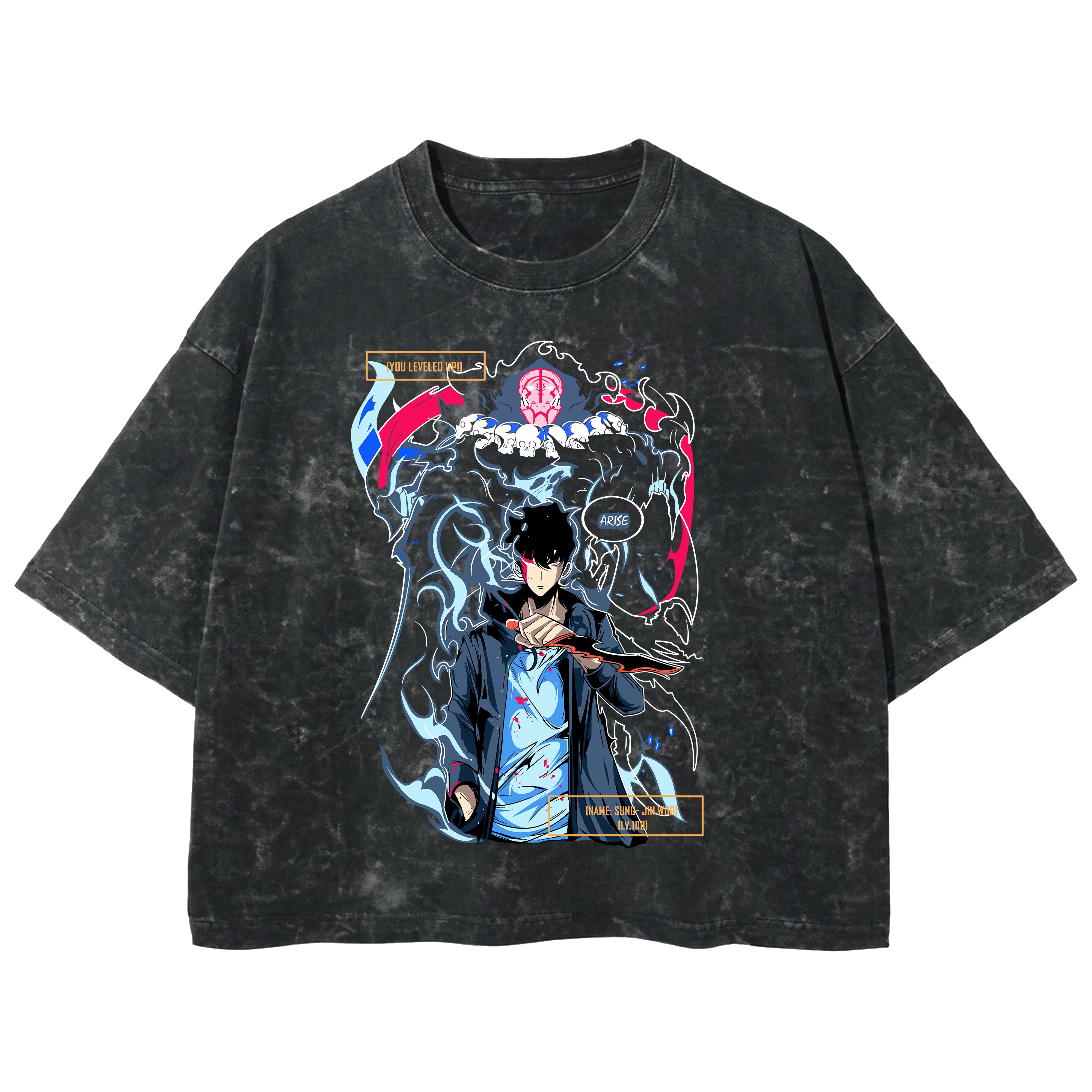 Playera streetwear premium de anime y gaming ExtraLife MX, corte boxy deluxe mineral wash heavyweight en color Acid Wash, moda urbana mexicana de culto.