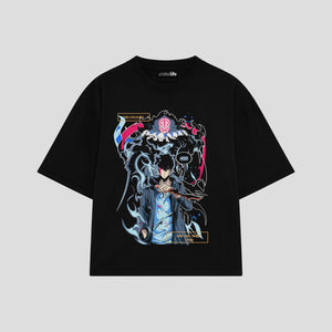 Playera streetwear premium de anime y gaming ExtraLife MX, corte boxy oversized drop shoulder heavyweight en color Deep Black y Off-White, moda urbana mexicana de culto.