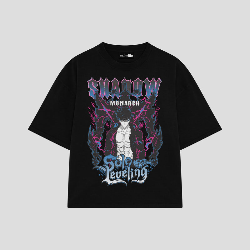 Playera streetwear premium de anime y gaming ExtraLife MX, corte boxy oversized drop shoulder heavyweight en color Deep Black y Off-White, moda urbana mexicana de culto.