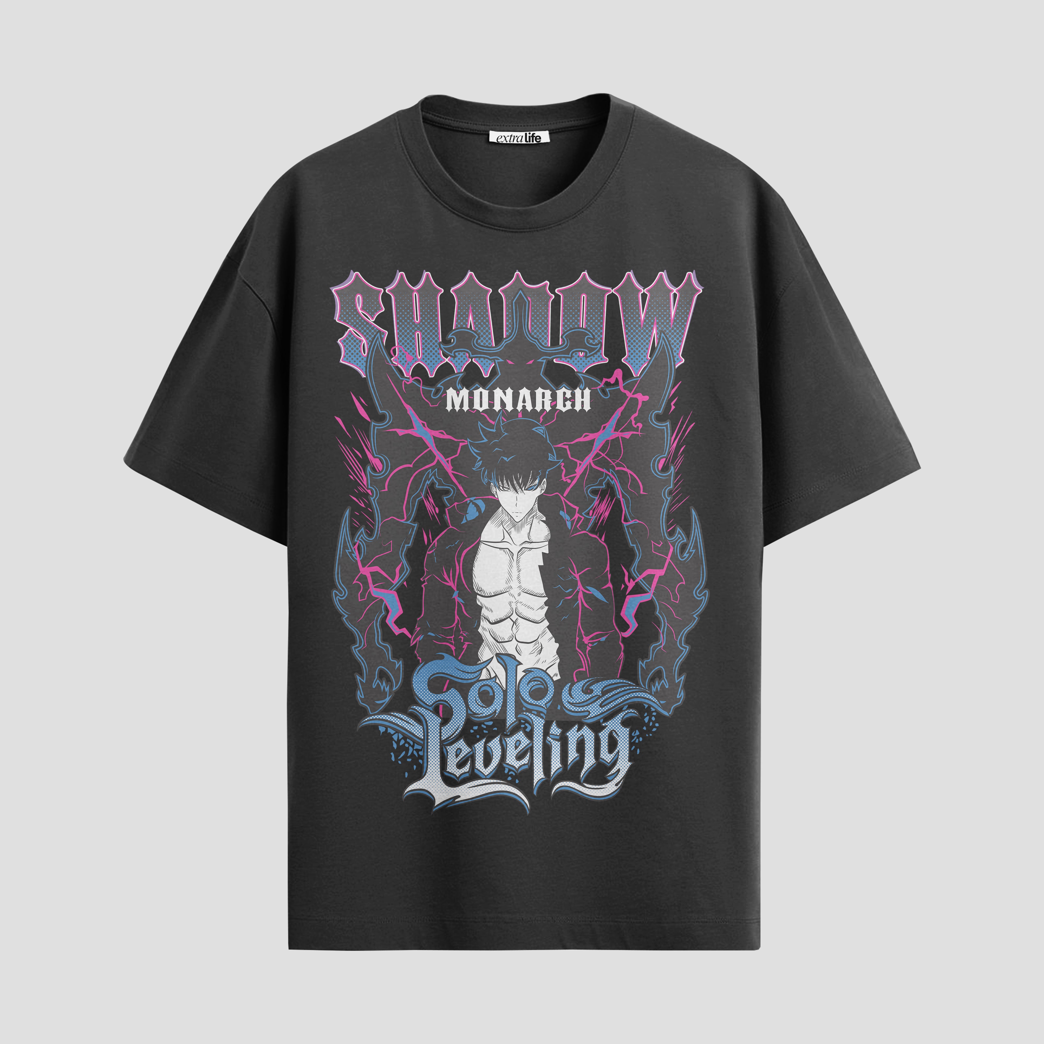 Playera urbana de anime y gaming ExtraLife MX, corte Standard Fit unisex ligero y transpirable en color Deep Black y Pure White, ropa de uso diario para gym y casual.