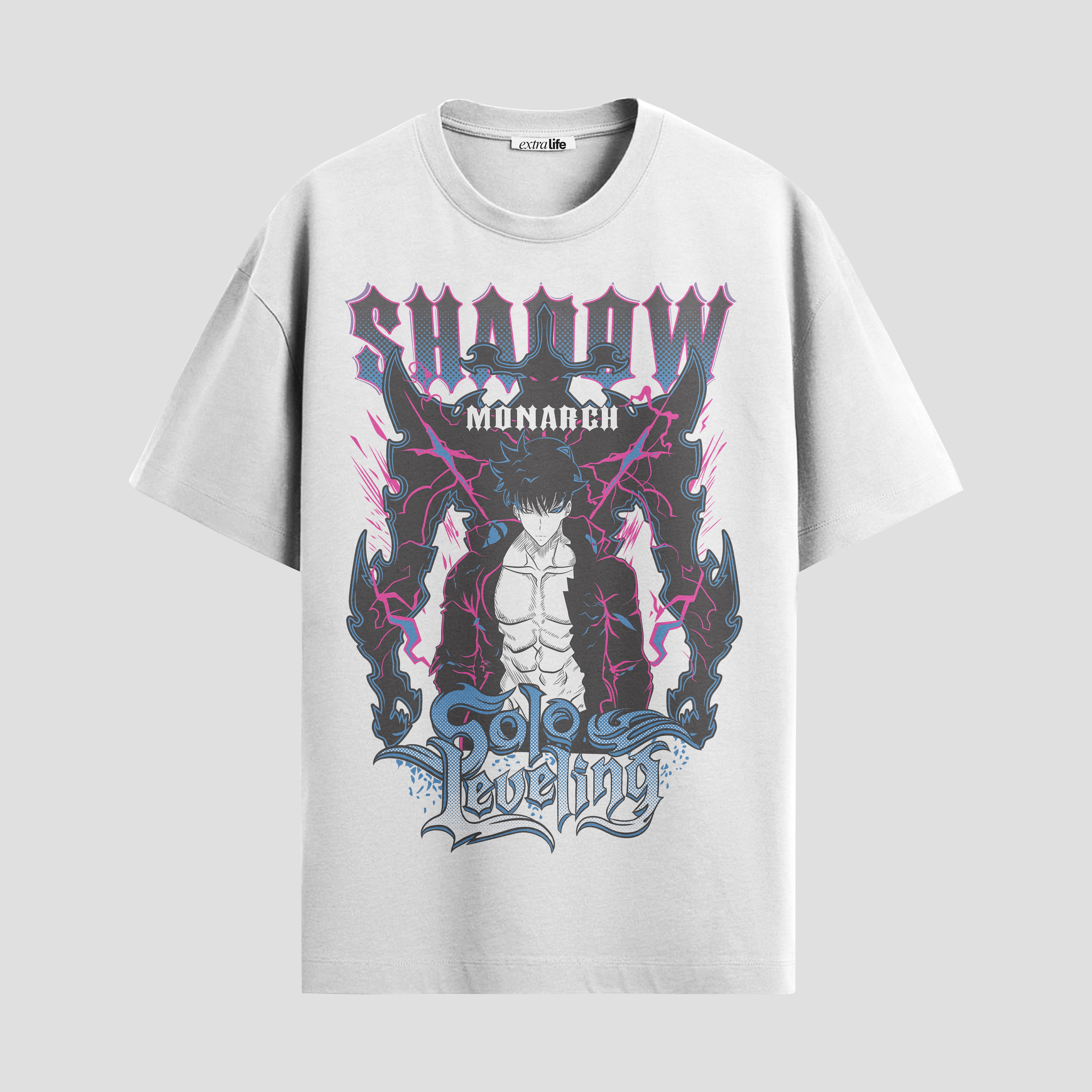 Playera urbana de anime y gaming ExtraLife MX, corte Standard Fit unisex ligero y transpirable en color Deep Black y Pure White, ropa de uso diario para gym y casual.