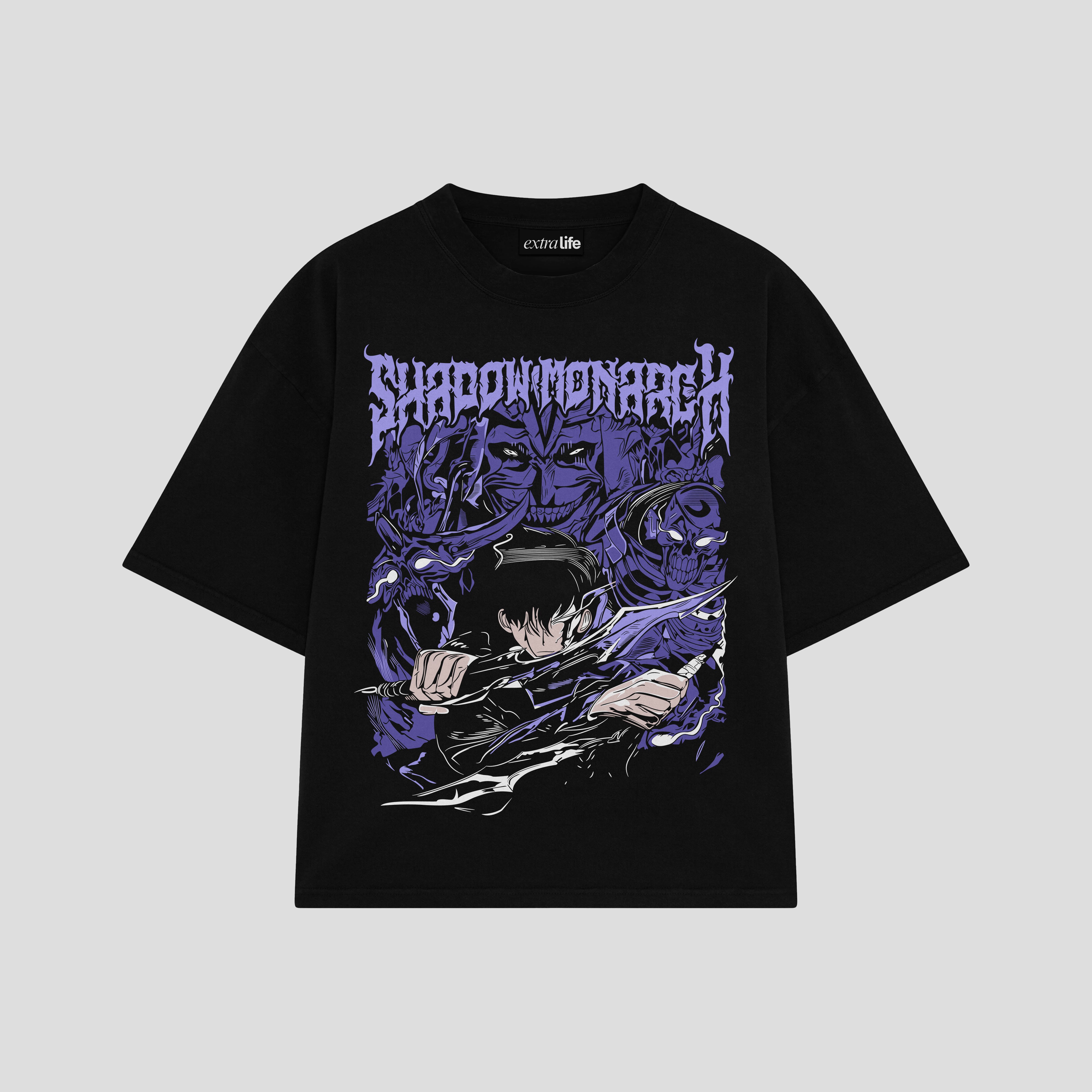 Playera streetwear premium de anime y gaming ExtraLife MX, corte boxy oversized drop shoulder heavyweight en color Deep Black y Off-White, moda urbana mexicana de culto.