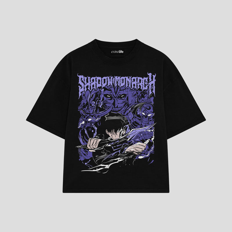 Playera streetwear premium de anime y gaming ExtraLife MX, corte boxy oversized drop shoulder heavyweight en color Deep Black y Off-White, moda urbana mexicana de culto.