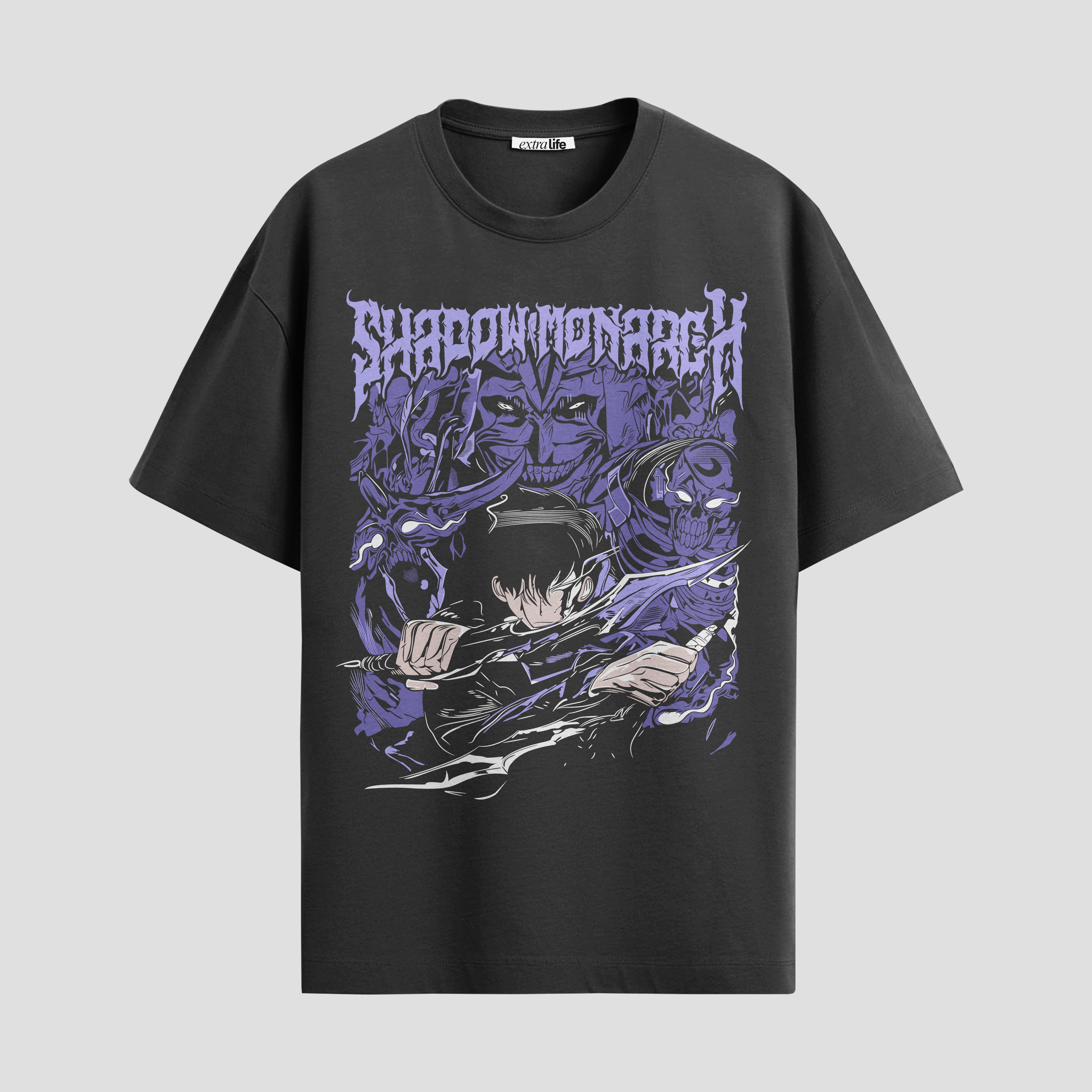 Playera urbana de anime y gaming ExtraLife MX, corte Standard Fit unisex ligero y transpirable en color Deep Black y Pure White, ropa de uso diario para gym y casual.
