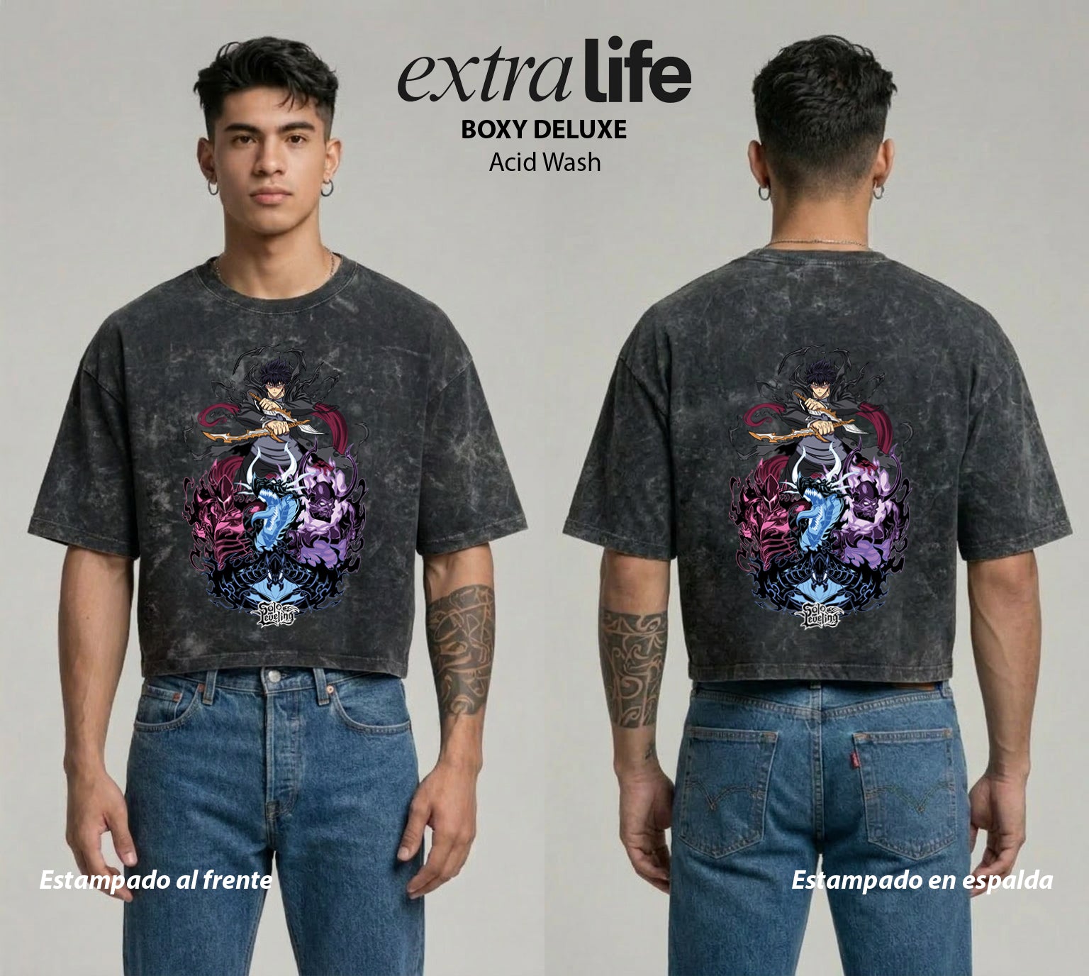 Playera streetwear premium de anime y gaming ExtraLife MX, corte boxy deluxe mineral wash heavyweight en color Acid Wash, moda urbana mexicana de culto.