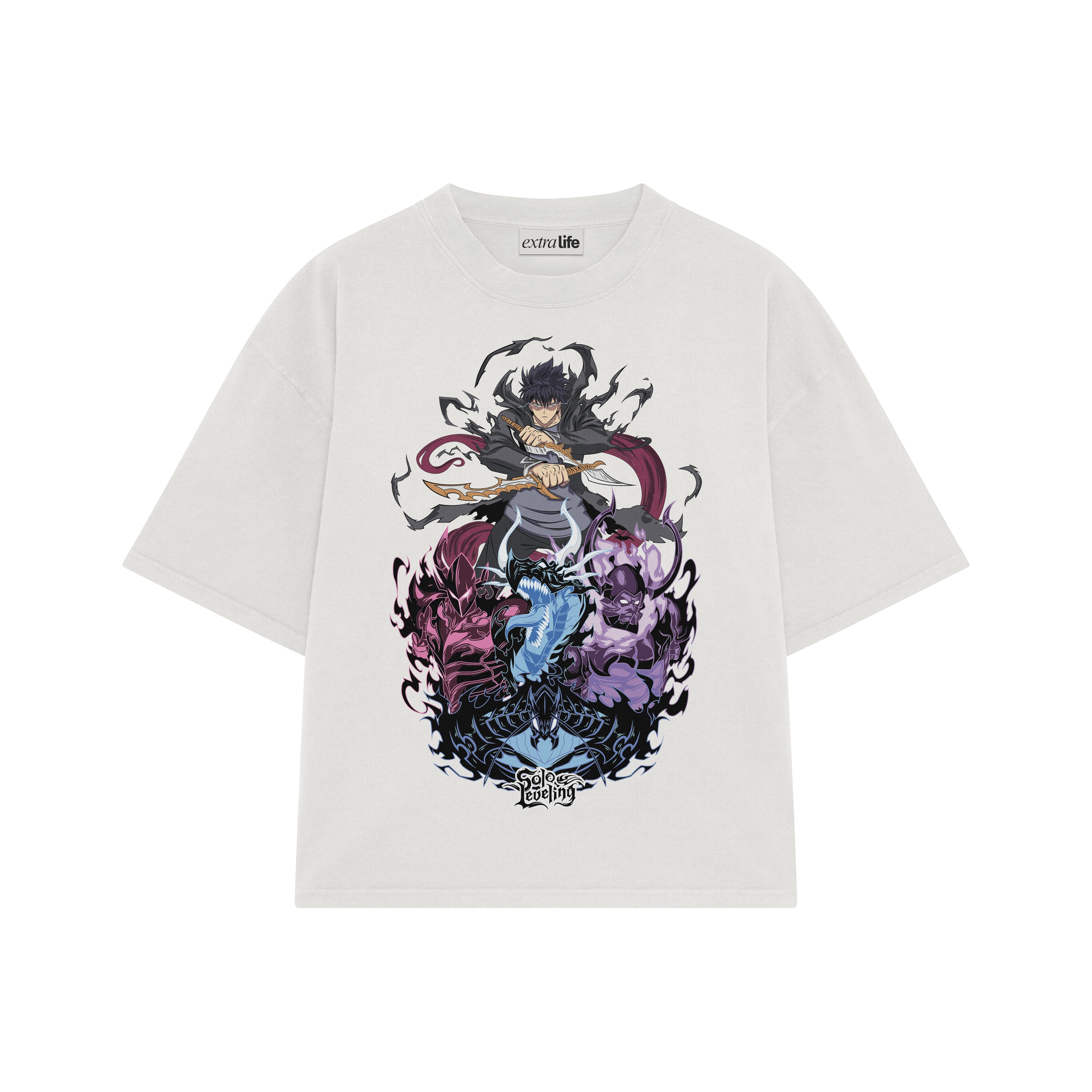 Playera streetwear premium de anime y gaming ExtraLife MX, corte boxy oversized drop shoulder heavyweight en color Deep Black y Off-White, moda urbana mexicana de culto.
