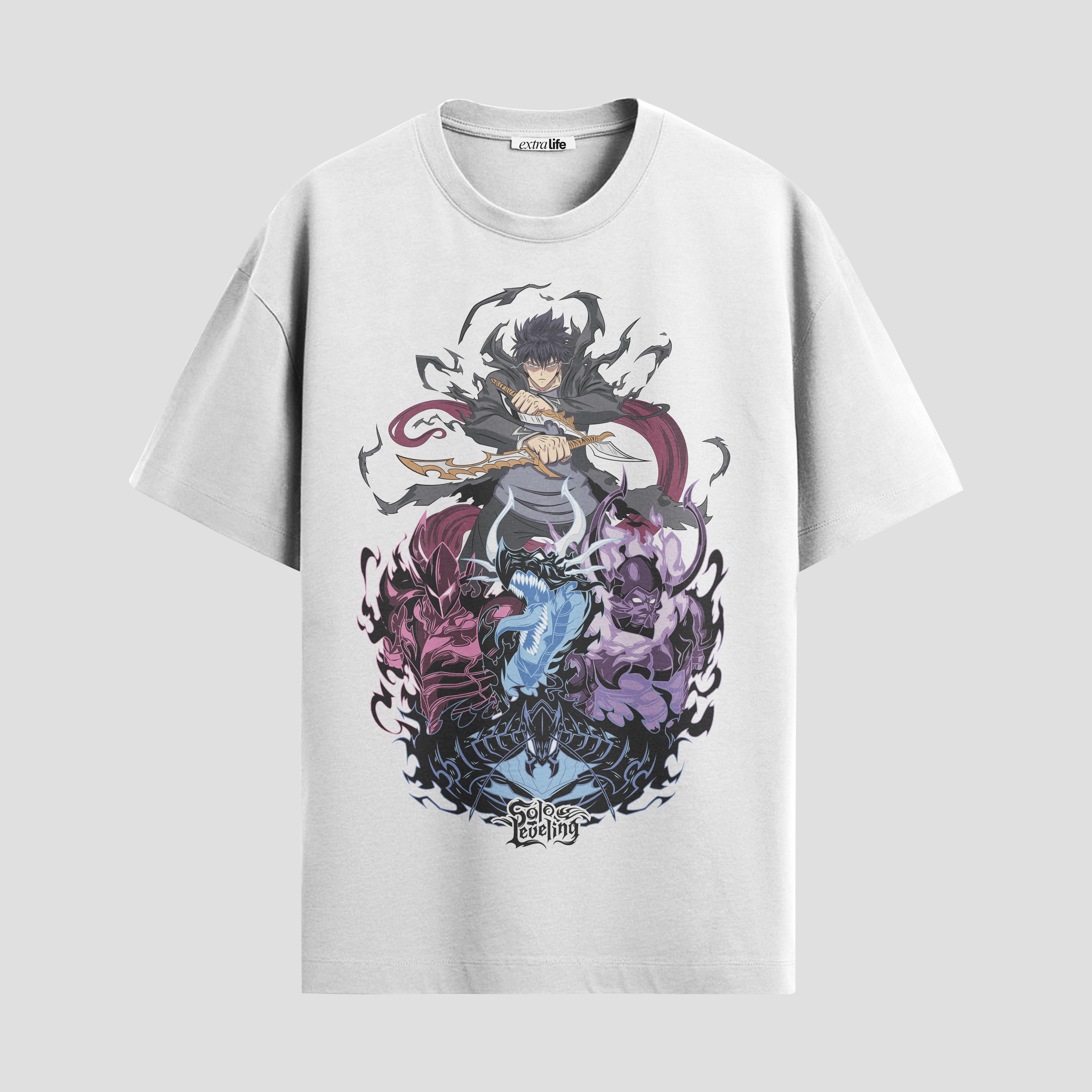 Playera urbana de anime y gaming ExtraLife MX, corte Standard Fit unisex ligero y transpirable en color Deep Black y Pure White, ropa de uso diario para gym y casual.