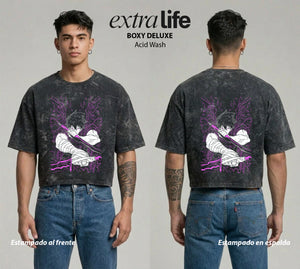 Playera streetwear premium de anime y gaming ExtraLife MX, corte boxy deluxe mineral wash heavyweight en color Acid Wash, moda urbana mexicana de culto.