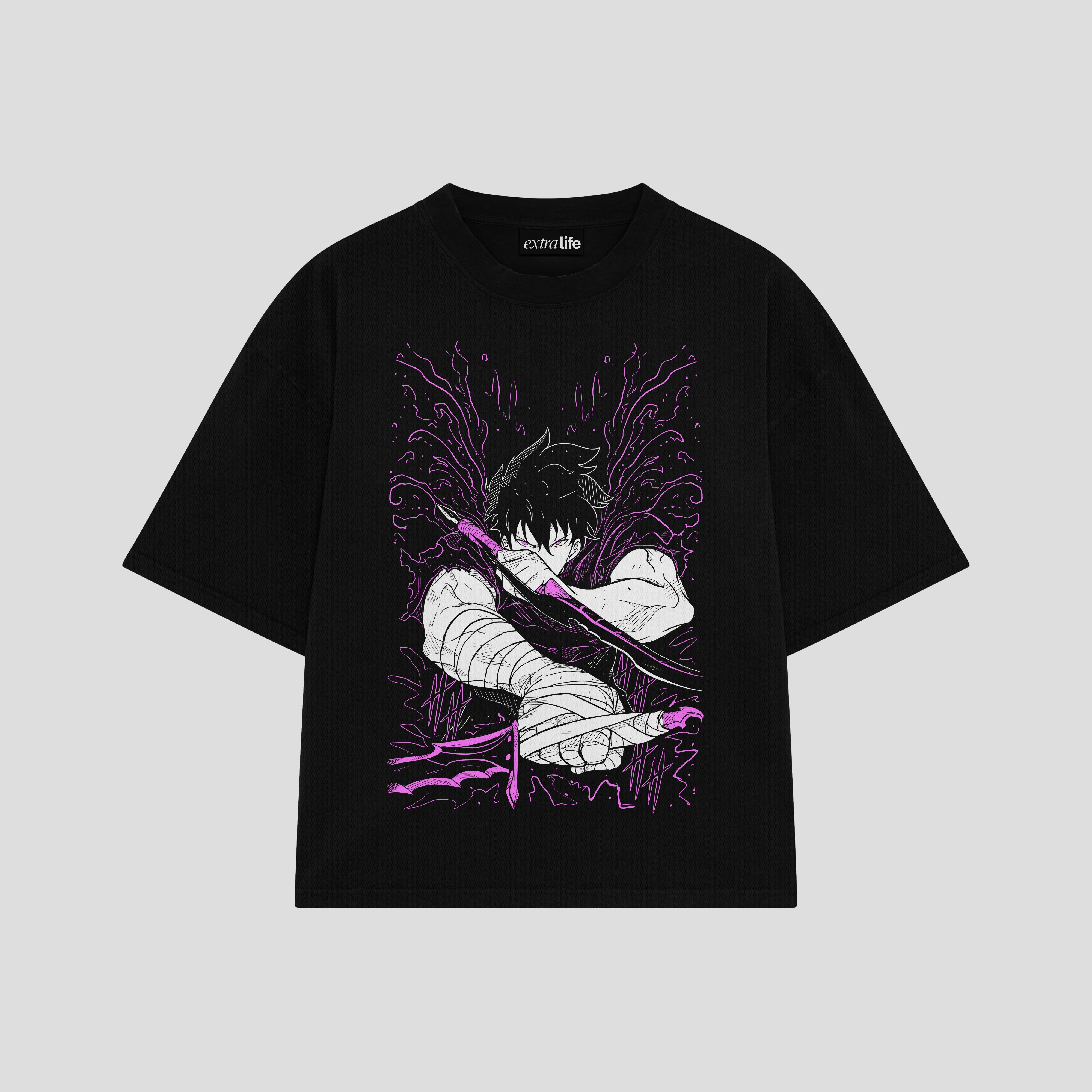 Playera streetwear premium de anime y gaming ExtraLife MX, corte boxy oversized drop shoulder heavyweight en color Deep Black y Off-White, moda urbana mexicana de culto.