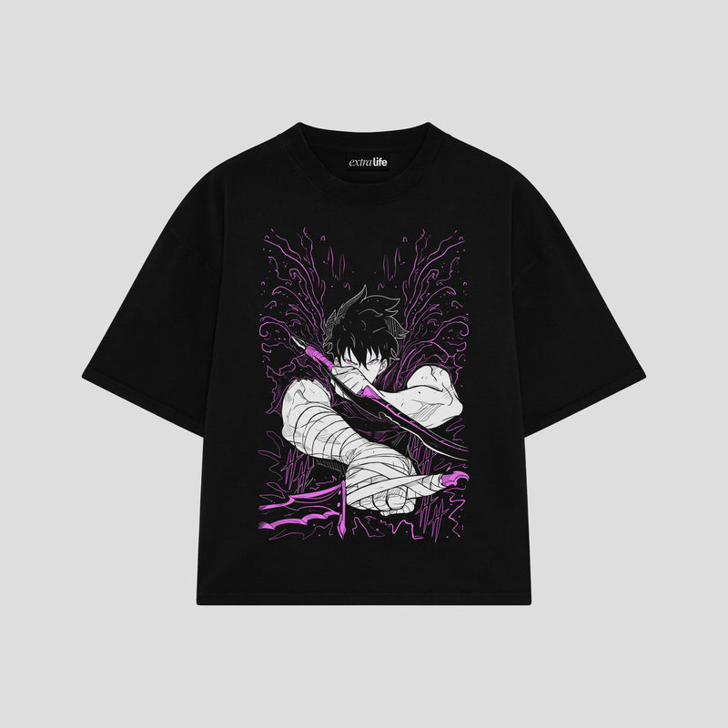 Playera streetwear premium de anime y gaming ExtraLife MX, corte boxy oversized drop shoulder heavyweight en color Deep Black y Off-White, moda urbana mexicana de culto.
