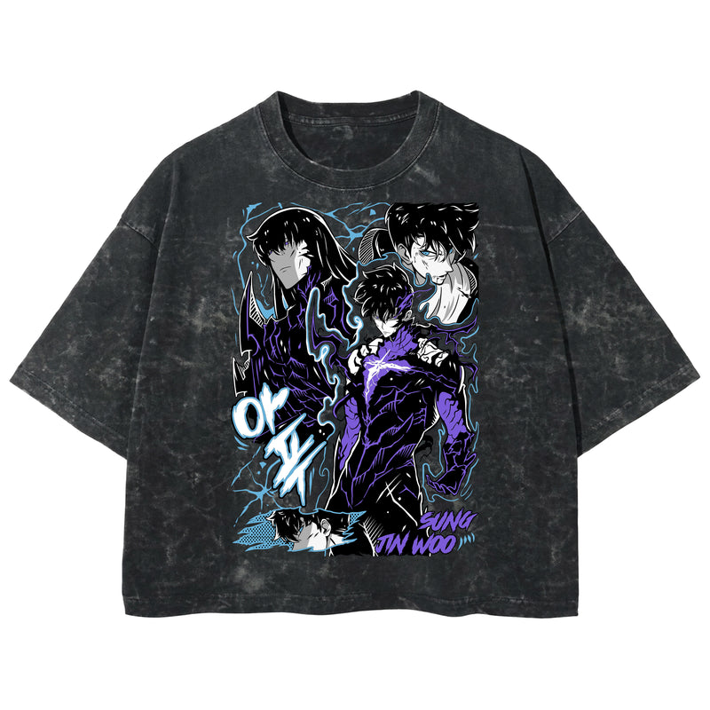 Playera streetwear premium de anime y gaming ExtraLife MX, corte boxy deluxe mineral wash heavyweight en color Acid Wash, moda urbana mexicana de culto.