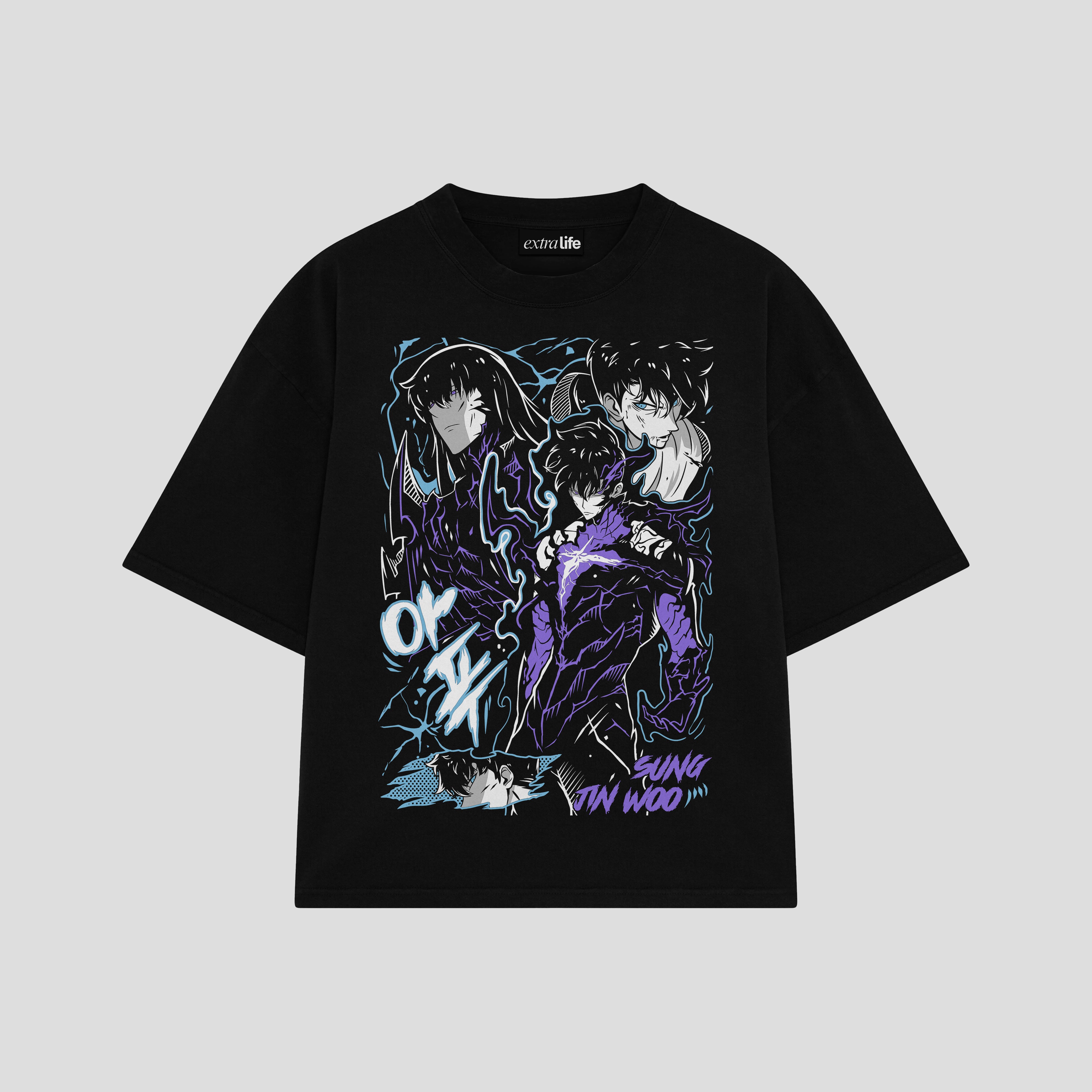 Playera streetwear premium de anime y gaming ExtraLife MX, corte boxy oversized drop shoulder heavyweight en color Deep Black y Off-White, moda urbana mexicana de culto.