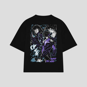Playera streetwear premium de anime y gaming ExtraLife MX, corte boxy oversized drop shoulder heavyweight en color Deep Black y Off-White, moda urbana mexicana de culto.
