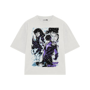 Playera streetwear premium de anime y gaming ExtraLife MX, corte boxy oversized drop shoulder heavyweight en color Deep Black y Off-White, moda urbana mexicana de culto.