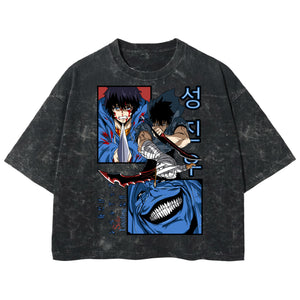 Playera streetwear premium de anime y gaming ExtraLife MX, corte boxy deluxe mineral wash heavyweight en color Acid Wash, moda urbana mexicana de culto.