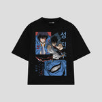 Playera streetwear premium de anime y gaming ExtraLife MX, corte boxy oversized drop shoulder heavyweight en color Deep Black y Off-White, moda urbana mexicana de culto.