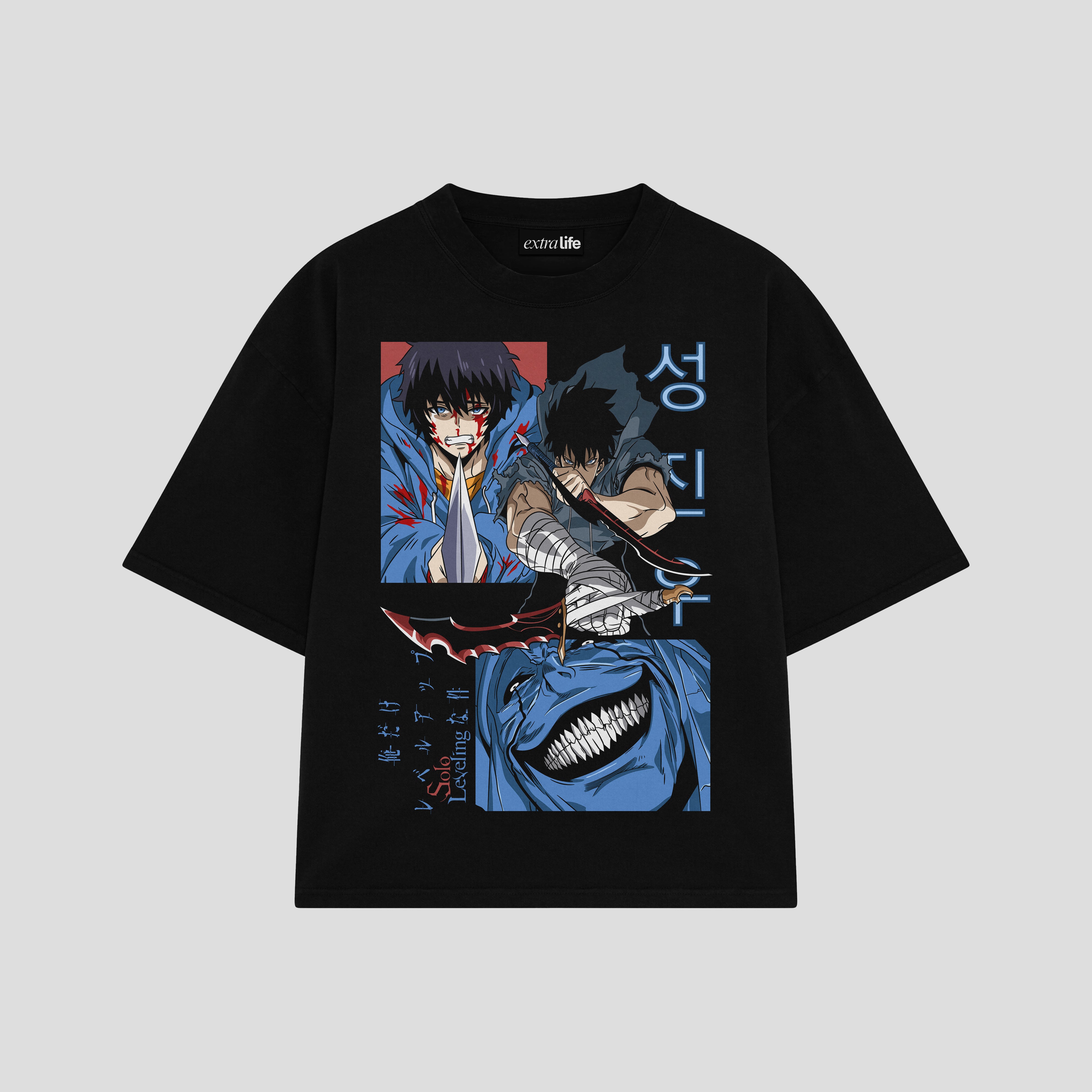 Playera streetwear premium de anime y gaming ExtraLife MX, corte boxy oversized drop shoulder heavyweight en color Deep Black y Off-White, moda urbana mexicana de culto.