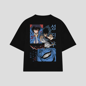 Playera streetwear premium de anime y gaming ExtraLife MX, corte boxy oversized drop shoulder heavyweight en color Deep Black y Off-White, moda urbana mexicana de culto.