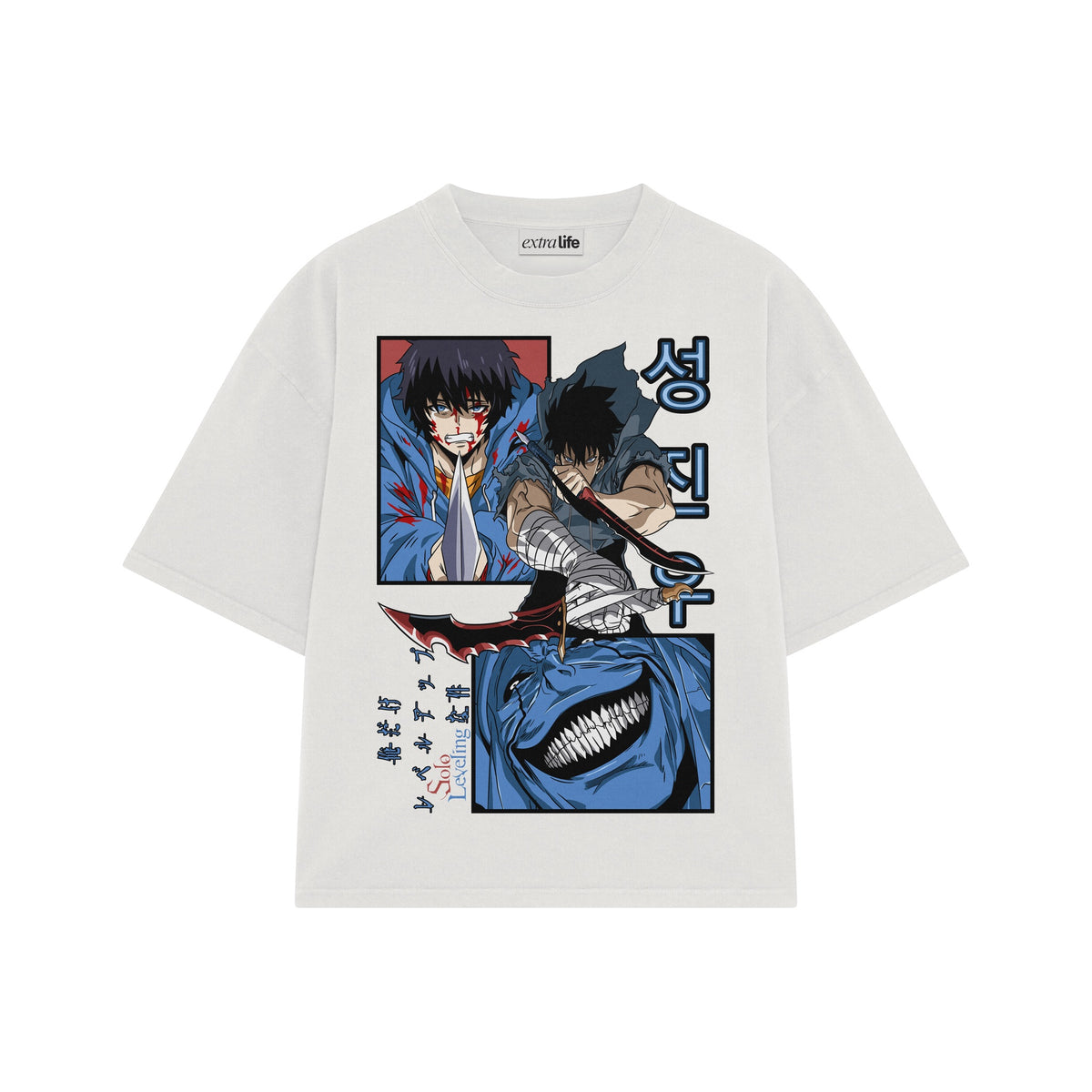 Playera streetwear premium de anime y gaming ExtraLife MX, corte oversized drop shoulder ligero y fresco en color Deep Black y Off-White, moda urbana mexicana de culto.
