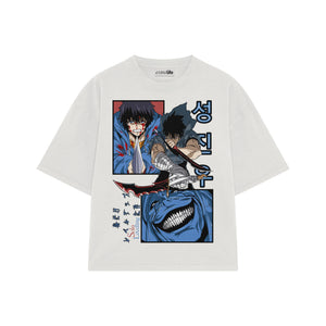 Playera streetwear premium de anime y gaming ExtraLife MX, corte boxy oversized drop shoulder heavyweight en color Deep Black y Off-White, moda urbana mexicana de culto.