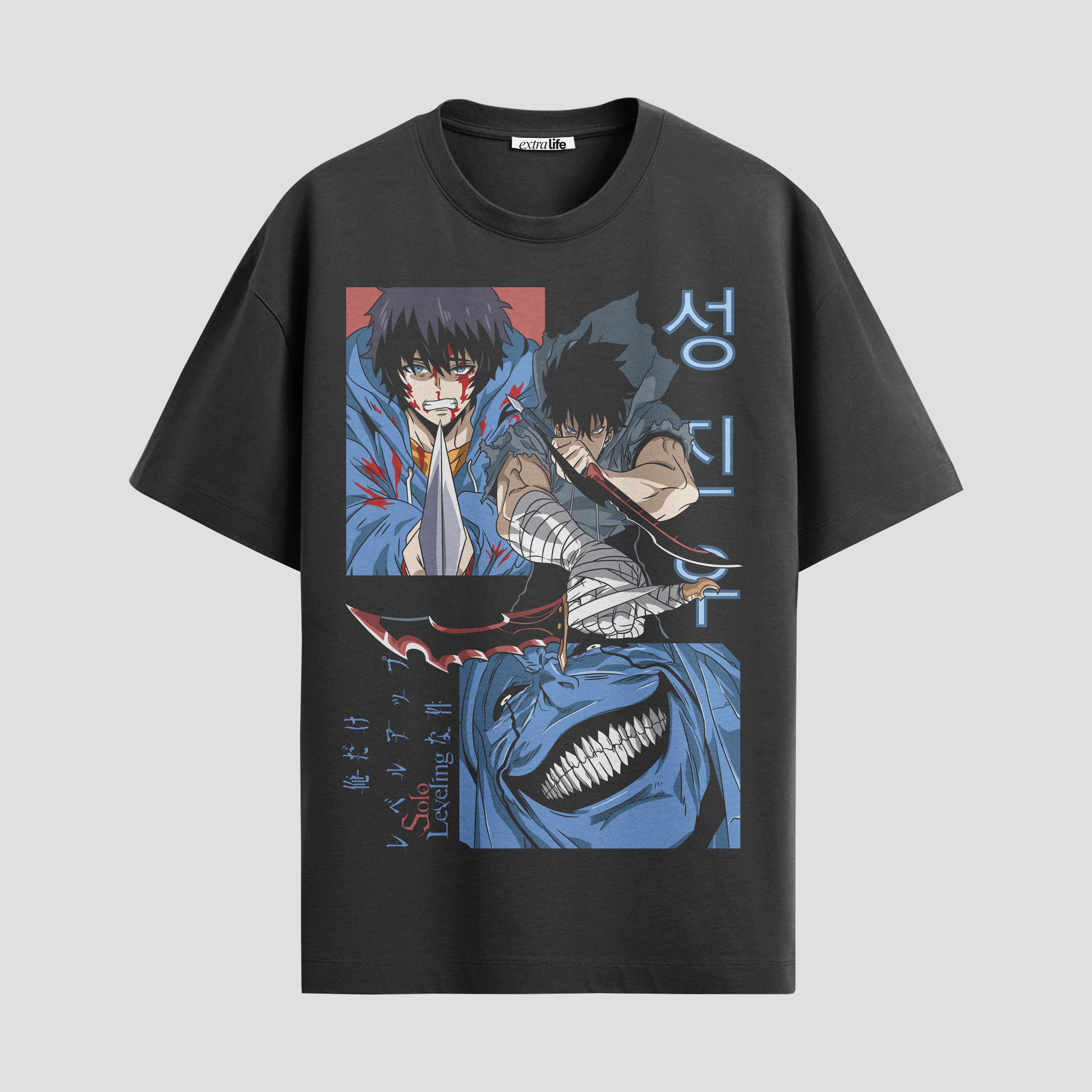 Playera urbana de anime y gaming ExtraLife MX, corte Standard Fit unisex ligero y transpirable en color Deep Black y Pure White, ropa de uso diario para gym y casual.